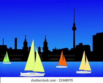 Berlin skyline and yachts with colorful sails illustration