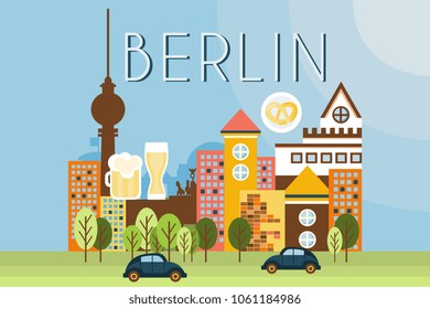 Berlin, travel landmarks, city architecture vector illustration in flat style