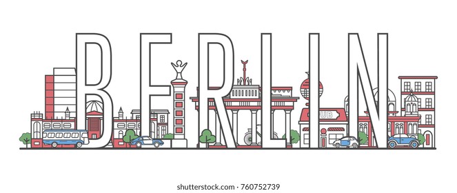 Berlin travel lettering with famous architectural monuments in linear style. Worldwide traveling and time to travel concept. Berlin city landmarks, european tourism and journey vector background.