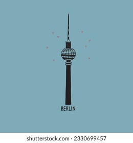 Berlin TV tower city symbol vector illustration. German architecture and inscription Berlin with hearts. Design element for postcard, print, template, logo, t-shirt print, souvenirs, label. Hand drawn