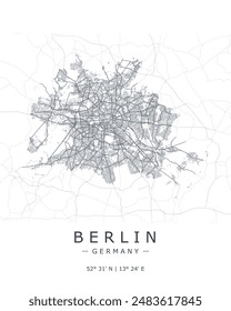 Berlin vector map. Detailed map of Berlin city in Germany. City host of EUFA Euro 2024. Best free vector illustration. Outline map with highways and streets. Tourist decorative street map.