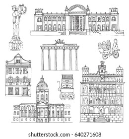 Berlin. Vector sketch  town. Hand drawn public and religious buildings, urban elements. 