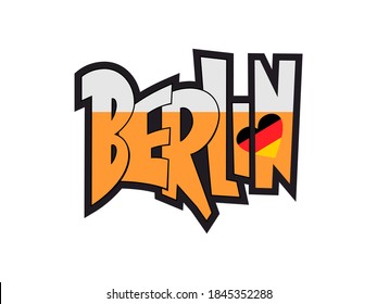 Berlin vector text. Cartoon style hand drawn lettering with heart in germany flag colors. Isolated on white background. Can be used for printing on t shirt and souvenirs. Posters, banners, cards.