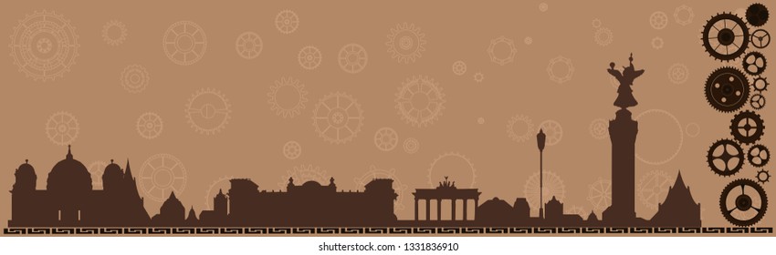 Berlin vintage skyline frame, vector banner background cogs, gears, sign menu wheel, old retro, steampunk logo