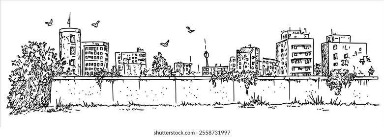 Berlin Wall hand drawing doodle hatching vector sketch