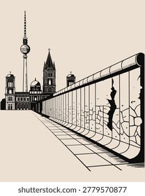 Berlin Wall and TV Tower Silhouette Featuring Cracked Concrete Texture and Historic German Architecture