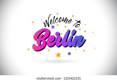 Berlin Welcome To Word Text with Purple Pink Handwritten Font and Yellow Stars Shape Design Vector Illusration.