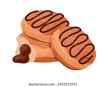 Berliner donut filling with chocolate cream. Jelly doughnut with icing. Traditional German pastry, baked food, tasty bakery. Bakehouse goods. Flat isolated vector illustration on white background