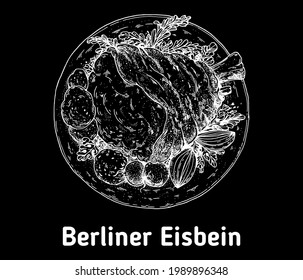 Berliner Eisbein hand drawn vector illustration. Knuckle of pork top view. Vintage design element. German Food sketch illustration.