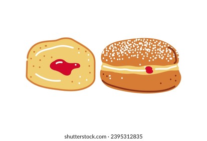 Berliner Gebäck oder Pfannkuchen mit Marmelade.Süße Donuts mit Zuckerpulver oder Eis.Vektorgrafik im Cartoon-Stil einzeln auf weißem Hintergrund.