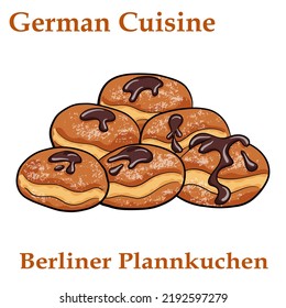 Berliner Plankuchen. Deutsche Donuts - Berliner mit Marmelade und Eiszucker in einem Tablett 