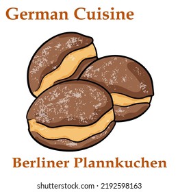 Berliner plannkuchen. German donuts - berliner with jam and icing sugar in a tray 