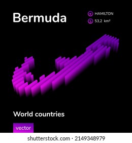 Bermuda 3D map. Stylized isometric striped digital neon vector Map of Bermuda is in violet colors on black background. Educational banner