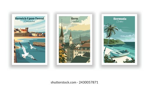 Bermuda, Karibik. Bern, Schweiz. Berwick-upon-Tweed, Northumberland - Set mit 3 Vintage-Reiseplakaten. Vektorgrafik. Qualitativ hochwertige Ausdrucke