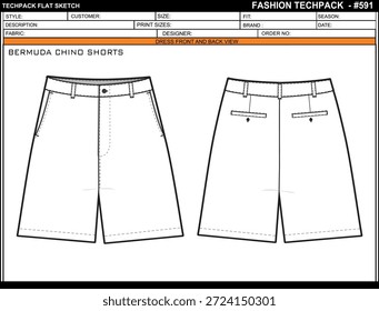  BERMUDA CHINO SHORTS EINFACH BEARBEITBARE LEERE TECHPACK LAYOUT VORLAGENDESIGN