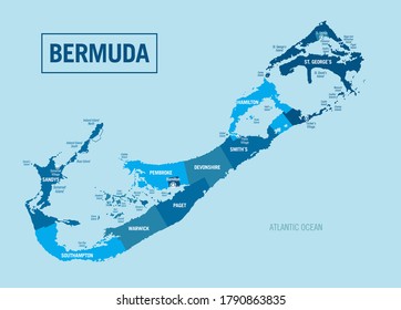 Mapa político de la isla de Bermudas. Ilustración detallada de vectores con provincias, departamentos, regiones, estados y ciudades aisladas, fácil de desagrupar.