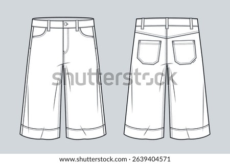Bermuda Denim Shorts Technical Flat Sketch. Knee Length Short Pants fashion flat technical drawing template, pockets, front and back view, white, women, men, unisex CAD mockup.