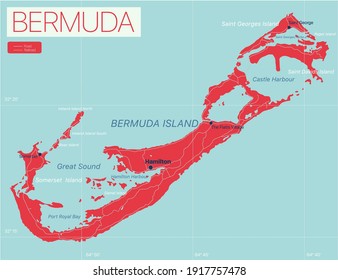 Bermuda detailed editable map with regions cities and towns, roads and railways, geographic sites. Vector EPS-10 file