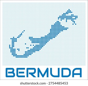 Bermuda digital style map with blue rounded rectangle dots. Bermuda. Dotted shape of the island. Blue colored map and title on white background. Creative Vector Illustration.