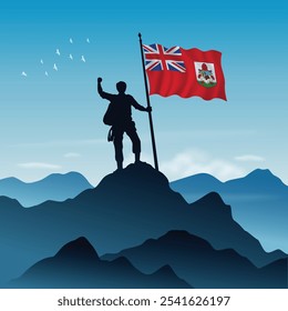 Bandeira das Bermudas erguida em um pico de montanha com céu claro no fundo, ilustração vetorial