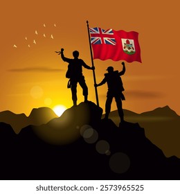 Bermuda flag, silhouette of two climbers holding flags at sunset