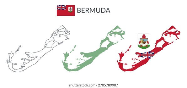 As fronteiras geográficas das Bermudas são isoladas sobre fundo branco. Bandeira das Bermudas. Cliparts planas vetoriais.