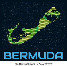 Bermuda hexagon dots map. Digital style shape of the island. Bermuda map and title. Tiny green colored hexagons, sparse blue dots at background. Vector Illustration.