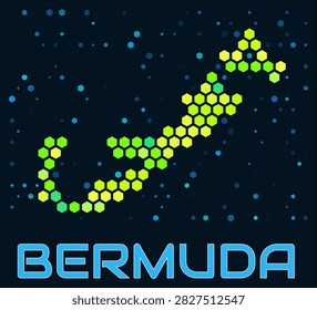 Bermuda hexagon dots map. Digital style shape of the island. Bermuda map and title. Large green colored hexagons, sparse blue dots at background. Vector Illustration.