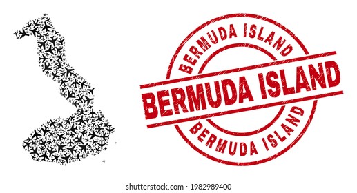 Bermuda Island grungerte Robbenstempel und Isabela Island von Galapagos kartografiert Mosaik von Luftwaffenelementen. Mosaik Isabela Insel Galapagos Karte aus Flugzeugen gebaut.