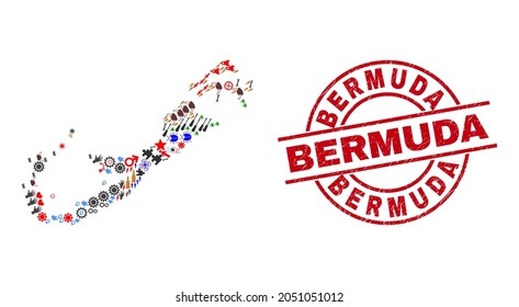 Mapa de mosaico de las islas Bermudas y placa de círculo rojo grunge de las Bermudas. La insignia de las Bermudas utiliza líneas vectoriales y arcos. El mapa de mosaico de las islas Bermudas incluye cascos, casas, conductores de pantalla, insectos, personas,