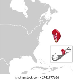 Bermuda Location Map on map North America. 3d  Bermuda flag map marker location pin. High quality map of Bahamas for your design.  UK. EPS10.