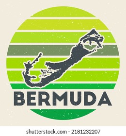 Bermuda logo. Sign with the map of the island and colored stripes, vector illustration. Can be used as insignia, logotype, label, sticker or badge of Bermuda.