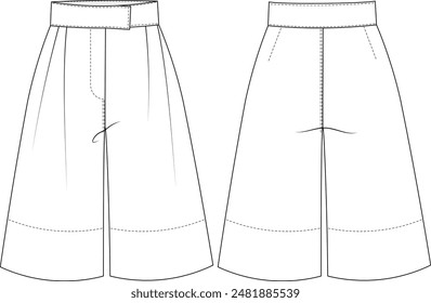 bermuda long short culotte short capri pant template technical drawing flat sketch cad mockup fashion woman design model