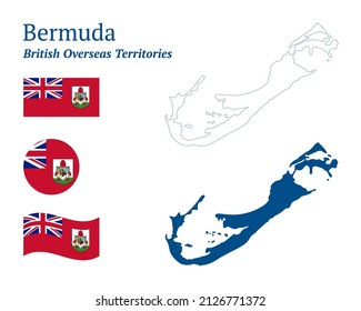 Mapa de las Bermudas. Territorio británico de ultramar en el Océano Atlántico Norte. Esbozo azul detallado y silueta. Bandera del país. Conjunto de mapas vectoriales. Todo aislado en un fondo blanco. Plantilla de diseño.