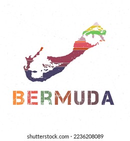 Diseño del mapa de las Bermudas. Forma de la isla con bellas olas geométricas y textura de grano. Ilustración vectorial radiante.