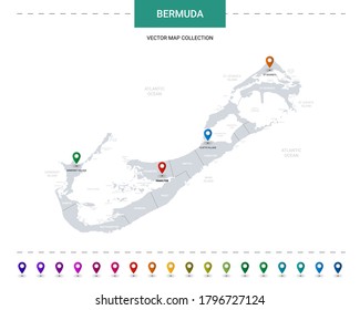 Bermuda map with location pointer marks. Infographic vector template, isolated on white background. 