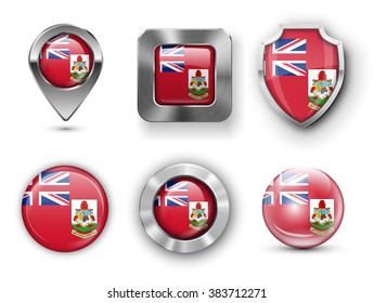 Bermuda Metal and Glass Flag Badges, Buttons, Map marker pin and Shields. Vector illustrations