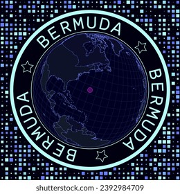 Bermuda on globe vector. Futuristic satellite view of the world centered on Bermuda. Geographical illustration with shape of country and squares background. Bright neon colors on dark background.
