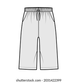 Bermuda Pocket Short technical fashion illustration with elastic low waist, rise, drawstrings, Relaxed fit, knee length. Flat bottom apparel template front, grey color. Women men unisex CAD mockup