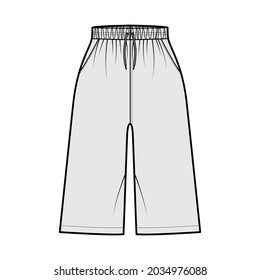 Bermuda Pocket Short technical fashion illustration with elastic normal waist, high rise, drawstrings, Relaxed fit, knee length. Flat bottom apparel template front, grey color. Women men unisex CAD