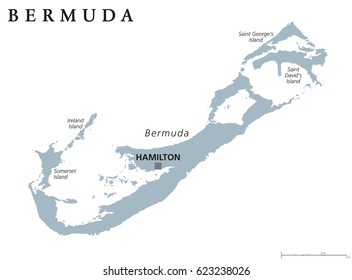 Bermuda political map with capital Hamilton. British Overseas Territory in the North Atlantic Ocean. Member of the Caribbean Community. Gray illustration on white background. English labeling. Vector.