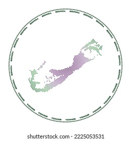 Bermuda round logo. Digital style shape of Bermuda in dotted circle with island name. Tech icon of the island with gradiented dots. Modern vector illustration.