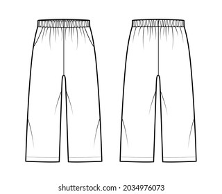 Bermuda shorts Activewear technical fashion illustration with low waist, rise, pockets, Relaxed fit, calf length. Flat bottom apparel template front, back, white color. Women men unisex CAD mockup