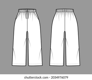 
Bermuda shorts Activewear technical fashion illustration with elastic normal waist, high rise, drawstrings, pockets, Relaxed, calf length. Flat bottom apparel template front, back, white color. Women