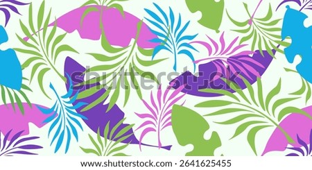 Bermuda shorts print. Colored Summer seamles pattern. Vector illustration of colorful palm leaves. Ideal interior living room wall decor fabric textile print. EPS 10