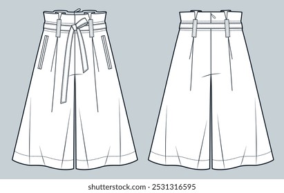 Ilustración técnica de Versiones cortas Bermudas. Pantalones cortos de moda plana técnica Plantilla de dibujo, longitud de la rodilla, bolsillos, cinturón, holgado, vista frontal y trasera, blanco, mujeres, hombres, unisex CAD maqueta.