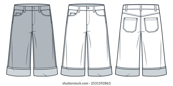 Ilustración técnica de Versiones cortas Bermudas. Pantalones cortos de mezclilla Plantilla de dibujo técnico plano de moda, longitud de la rodilla, bolsillos, vista frontal y posterior, blanco, gris, mujeres, hombres, unisex juego de maquetas CAD.