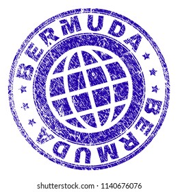 BERMUDA stamp imprint with grunge effect. Blue vector rubber seal imprint of BERMUDA label with grunge texture. Seal has words placed by circle and planet symbol.