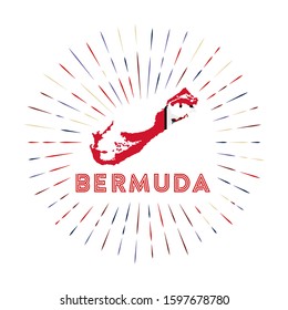 Bermuda sunburst badge. The island sign with a map of Bermuda and the Bermudian flag. Colorful rays surround the logo. Vector illustration.