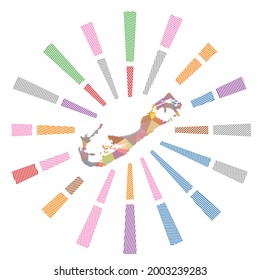 Bermuda sunburst. Low poly striped rays and map of the island. Powerful vector illustration.